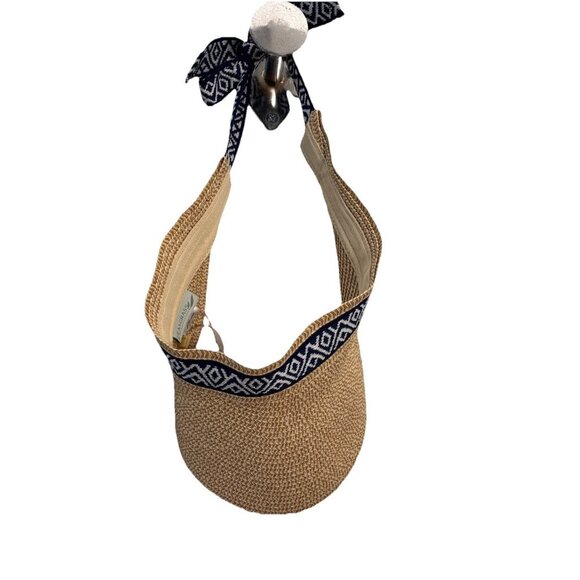 Sea & Grass Straw Visor With Ribbon Tie Navy Blue Nautical Beachy Hat - Picture 2 of 8